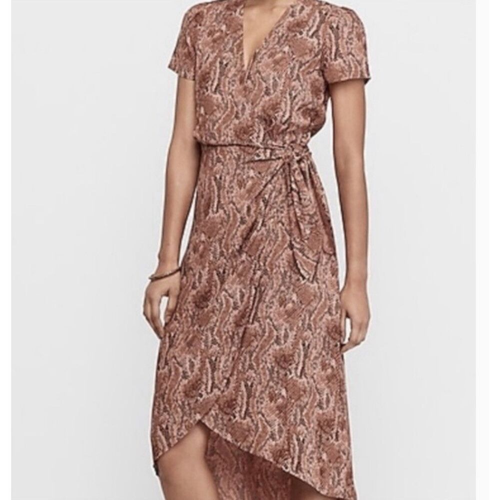 Express Snake Print Wrap Dress H/L Hem - XSP- Brown/Black
